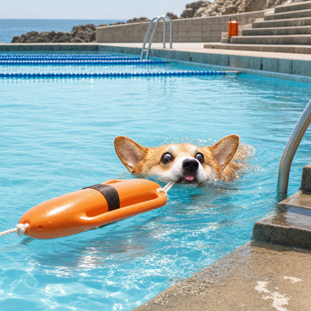 Swimmy paddling through a municipal pool, towing an orange rescue float by its rope